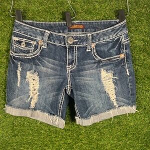 Zana Di Womens Size 7 Distressed Denim Shorts Low Rise Thick Stitch Frayed Hem